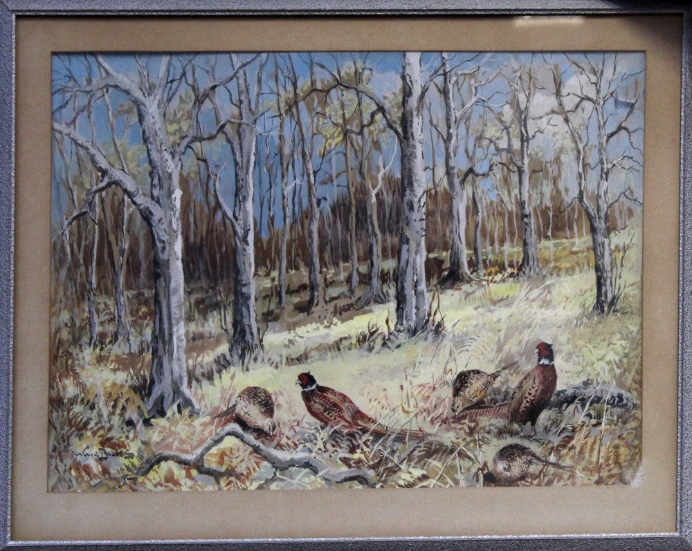 REUBEN WARD BINKS (1880-1950): watercolour depicting pheasants in woodland scene,