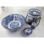 A collection of mixed blue and white Willow pattern pottery to include large Maling wash bowl,