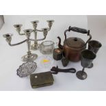 A mixed group to include vintage electric copper kettle, plated pair of candelabra,