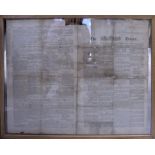 A framed and glazed copy of 'The Times' newspaper dated October 1798 documenting Admiral Nelson's