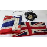 A Merchant Navy flag, a Union Jack Flag and a Cicena vintage telephone (3).