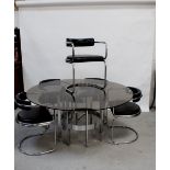 A contemporary dining suite comprising circular dining table with smoked glass top and chrome base