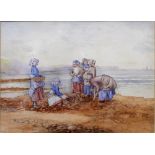 UNATTRIBUTED; a pen and ink study of ladies foraging on the shoreline with boats beyond,