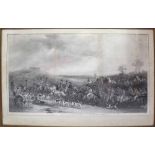 Three 19th century black and white engravings depicting hunting scenes, all approximately 45 x 75cm,
