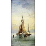 A pair of W Yale painted porcelain tiles, one depicting a sailing boat, the other a steam ship,
