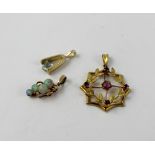 Three 9ct gold pendants set with opals and other stones, approx combined 3g (3).
