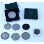 Various collectable coins including silver James I era shilling, badly worn,