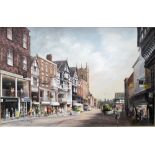 BARBARA BUTCHER; an acrylic on canvas, 'Bridge Street - Chester', 50 x 75cm, framed.