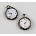 Two small Continental silver keyless wind open faced pocket watches, one with case back missing (2).