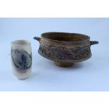 Two items of Studio pottery comprising a small Kyra Kane cylindrical vase, height 11cm,