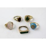 Five 9ct gold dress rings set with various stones to include tiger's eye (crocidolite),