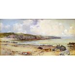 JOHN HUGHES CLAYTON (1870-1930); watercolour depicting coastal landscape with figures on a beach,