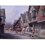 R MOSELEY (b 1931): oil on canvas, 'The Hunt Stopping for a Drink at the Angel Inn', signed,