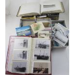 Four boxes and two albums of original and possible re-issue postcards, mostly relating to ships,