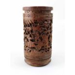 A late 19th century well carved Chinese bamboo brush pot, height 24cm (af).