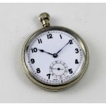 A military issue silver plated keyless wind open faced pocket watch, the back inscribed 'A.M.