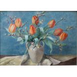 PEARL L PAGE; 'Tulips - Prince of Orange', still life watercolour of tulips and foliage in a vase,
