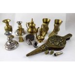 A quantity of metalware to include a pair of brass bellows, silver plated candlesticks,