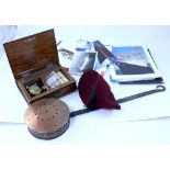 An early 20th century metal bound oak gaming box containing assorted games and chrome cribbage