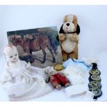 A collectors' lot to include a cine-camera, wood box, painting depicting a horse, horse brasses,