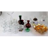 Two boxes containing antique and modern coloured and clear art glass including a large carnival