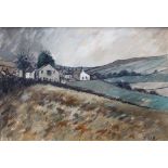 DURKIN (Northern School); acrylic on canvas depicting rural village scene within hilly landscape,