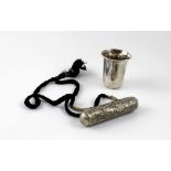 A white metal prayer holder, length 9.5cm and a white metal cup stamped 'Ostgaard', height 5.