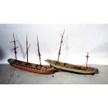 Two scratch-built masted ships, height of larger including sail 86cm,