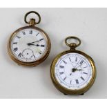 A gold plated keyless wind open faced pocket watch and a further gilt metal centre seconds