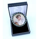 A late 19th century portrait miniature depicting a crowned princess set within a turquoise jewelled