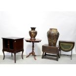 A reproduction dropleaf side table with lyre supports, an oak dropleaf side table,