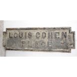 A cast iron Liverpool street sign 'Louis Cohen Place', white painted background,
