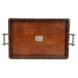 A Chinese rosewood tray with pierced gallery and white metal bamboo-effect handles, with central