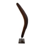 An Australian Aboriginal boomerang with adzed decoration, height 53cm, now mounted on a stand.