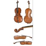 A violoncello (for restoration), probably English, with two-piece back, length 73.5cm, traces of