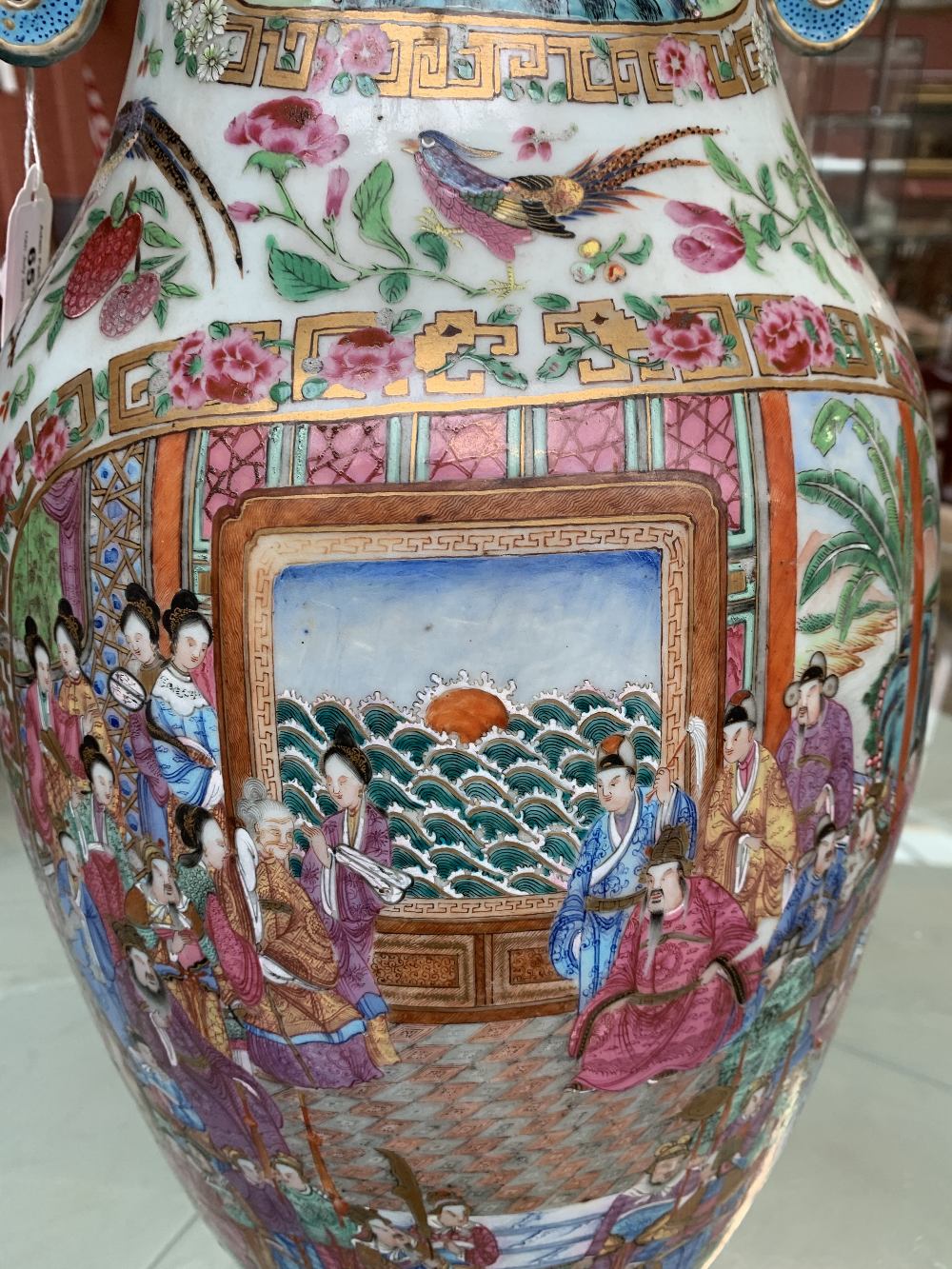 A mid-19th century Chinese Canton Famille Rose porcelain twin handled vase, painted with figures - Image 29 of 35