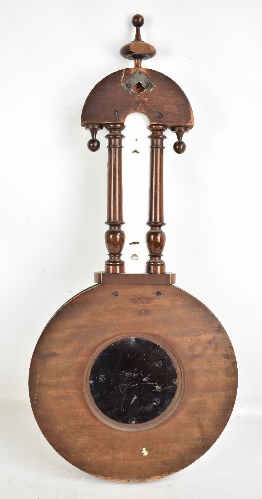 A circa 1900 carved walnut and beech wheel barometer with relief carved detail and upper - Image 4 of 5