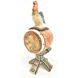 A Japanese Meiji period Satsuma koro in the form of a drum on a stand, the cover with cockerel