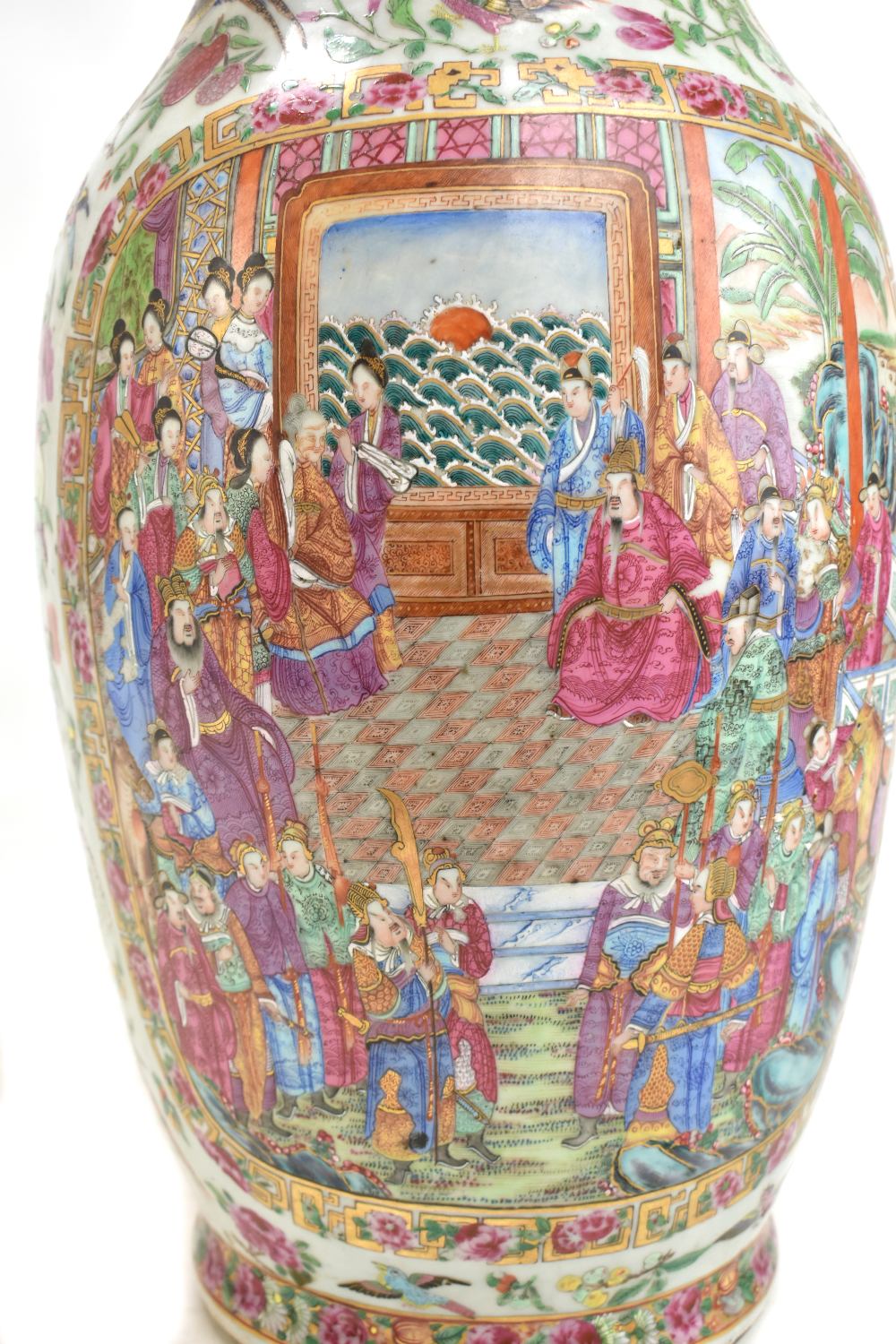 A mid-19th century Chinese Canton Famille Rose porcelain twin handled vase, painted with figures - Image 13 of 35