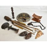 A group of African tribal items including a Bokono mask, an Ashanti figure, etc.