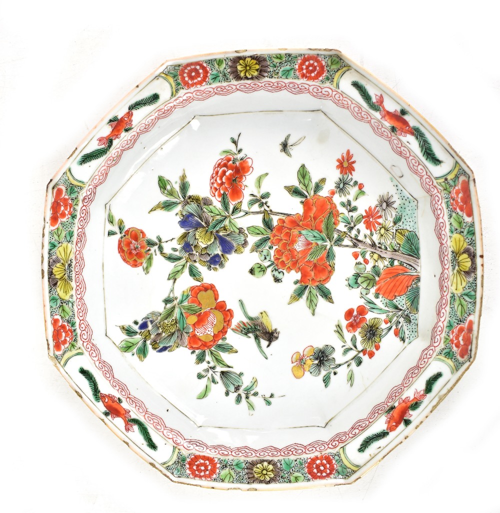 An 18th century Chinese porcelain Famille Verte octagonal plate, painted in enamels with floral