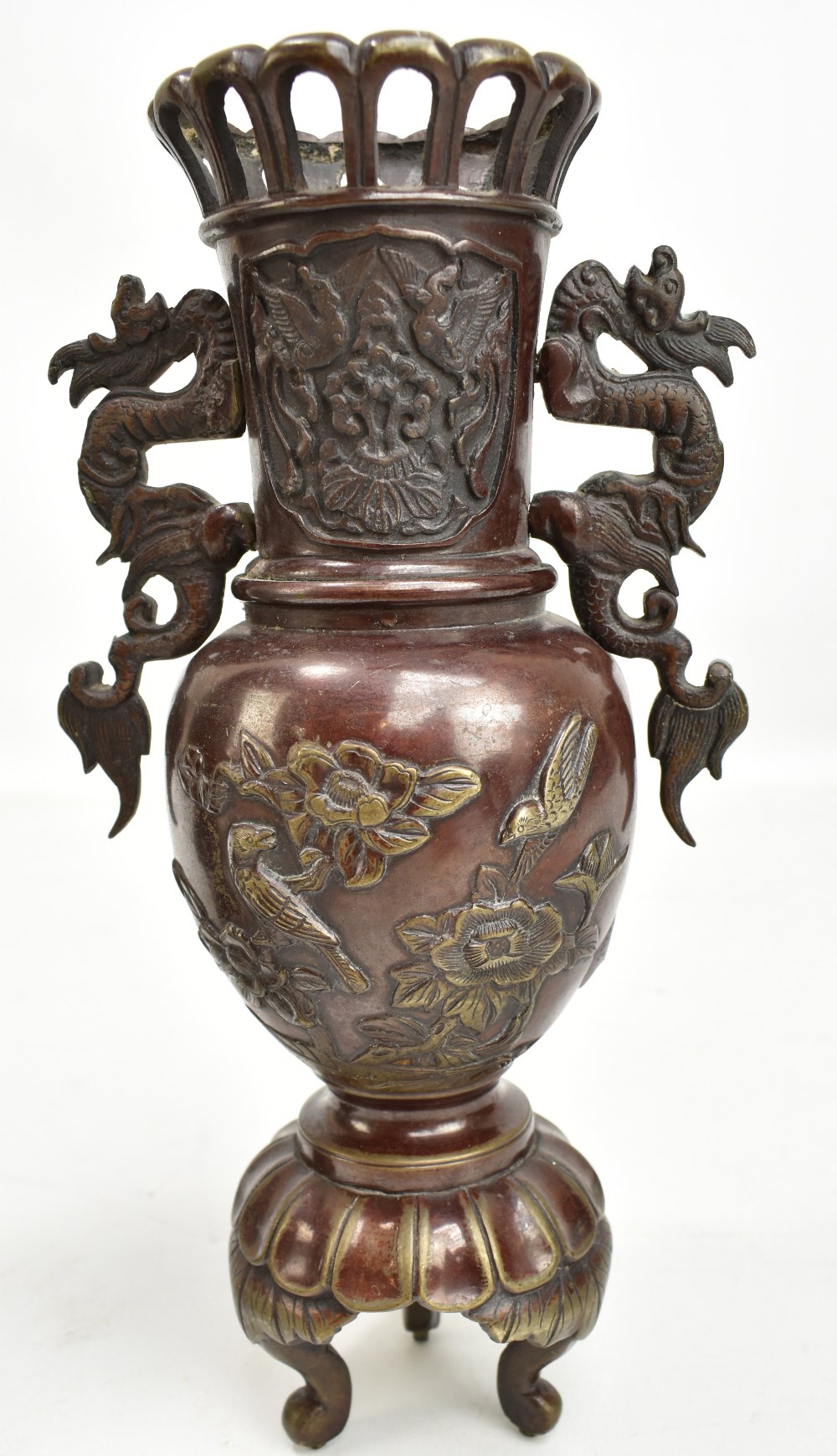 A pair of late 19th/early 20th century Japanese patinated bronze vases with cast twin dragon - Image 2 of 13
