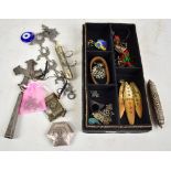 A group of African tribal jewellery including a necklace, also a portable white metal ashtray, a