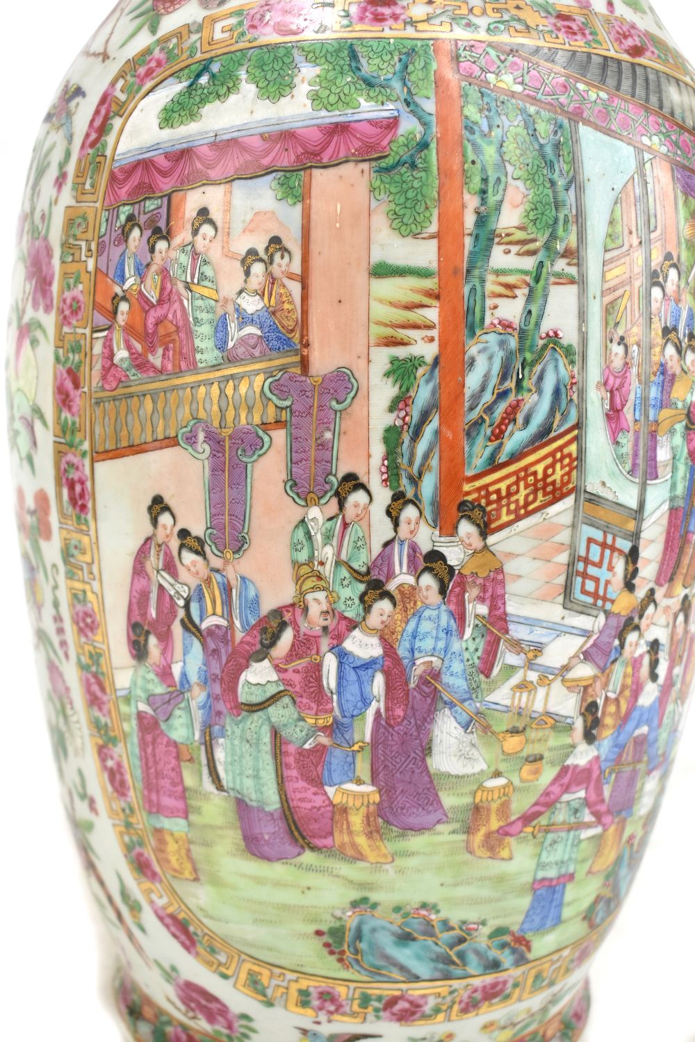 A mid-19th century Chinese Canton Famille Rose porcelain twin handled vase, painted with figures - Image 7 of 35