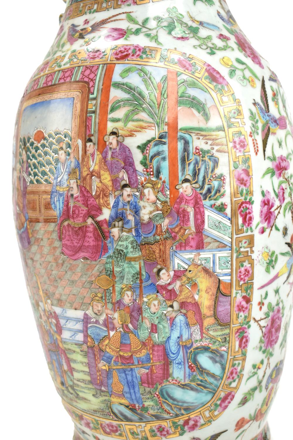 A mid-19th century Chinese Canton Famille Rose porcelain twin handled vase, painted with figures - Image 14 of 35