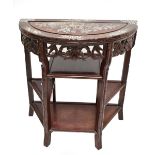 A late 19th/early 20th century Chinese demi-lune table, the top inlaid with mother of pearl detail