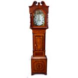 A mid-19th century oak rosewood crossbanded and inlaid long case clock, the arched dial repainted