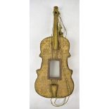 A photograph frame modelled as a violin with embroidered detail and tassel, length 60cm.