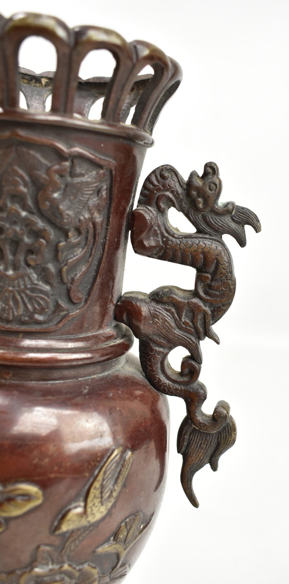 A pair of late 19th/early 20th century Japanese patinated bronze vases with cast twin dragon - Image 5 of 13
