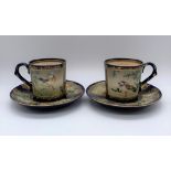 KINKOZAN; a pair of Japanese Meiji period cups and saucers decorated with birds and floral sprays on